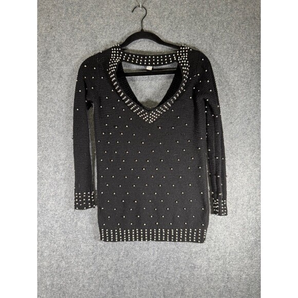 Boston Proper Sweater Women XS Black Long Sleeve Knit Scoop Neck Jeweled Tunic - Picture 6 of 7